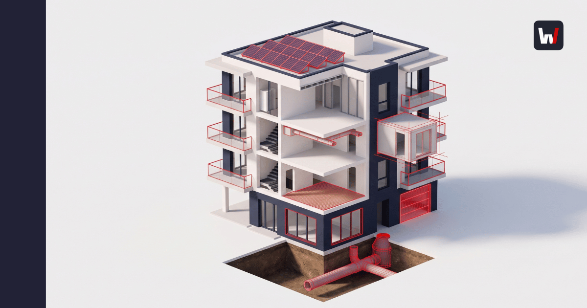 Isometric building cutaway with railings, windows, a prefab module, solar roof, ventilation, flooring and pipes highlighted in red