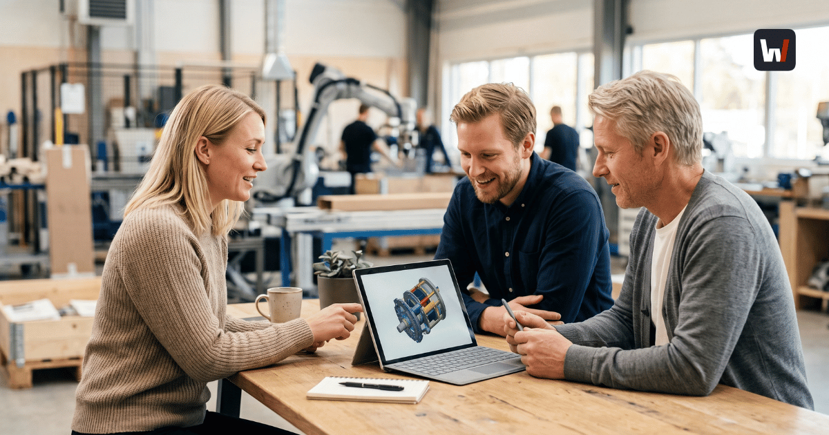 Team of manufacturers reviewing a 3D CPQ product configuration on a laptop in a modern factory setting