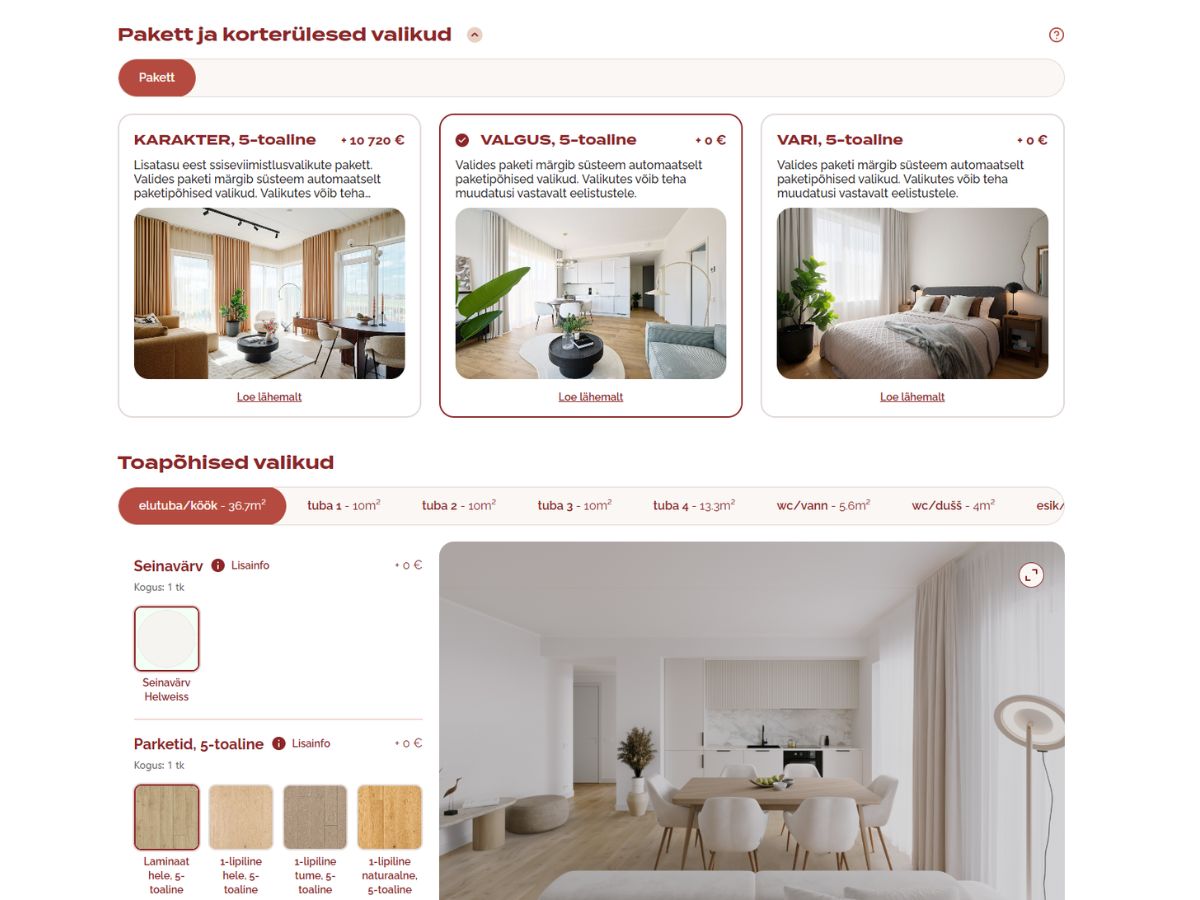 Reterra ReDesign configurator showing a room view with layered finish selection