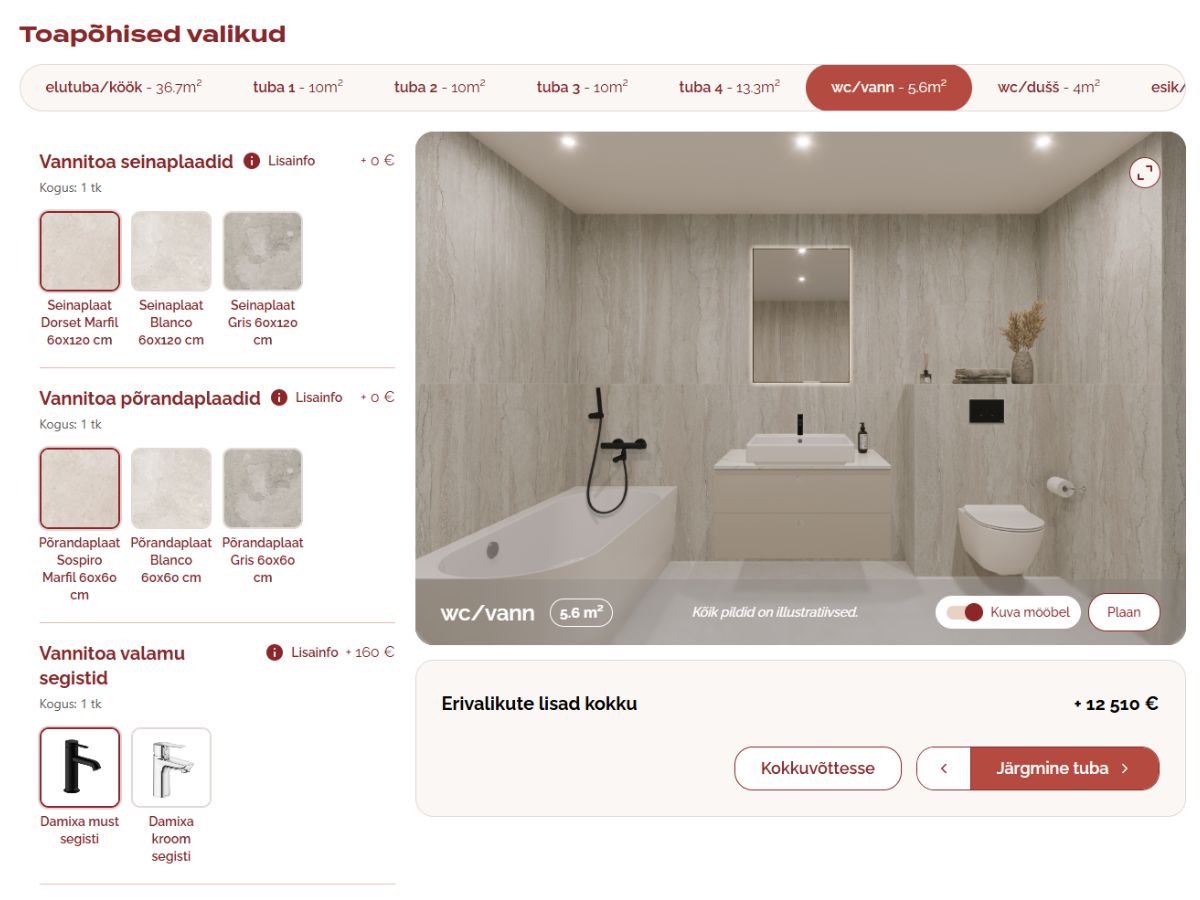 Reterra ReDesign bathroom finishing screen showing swatch groups for shower glass, wall tiles, and floor tiles